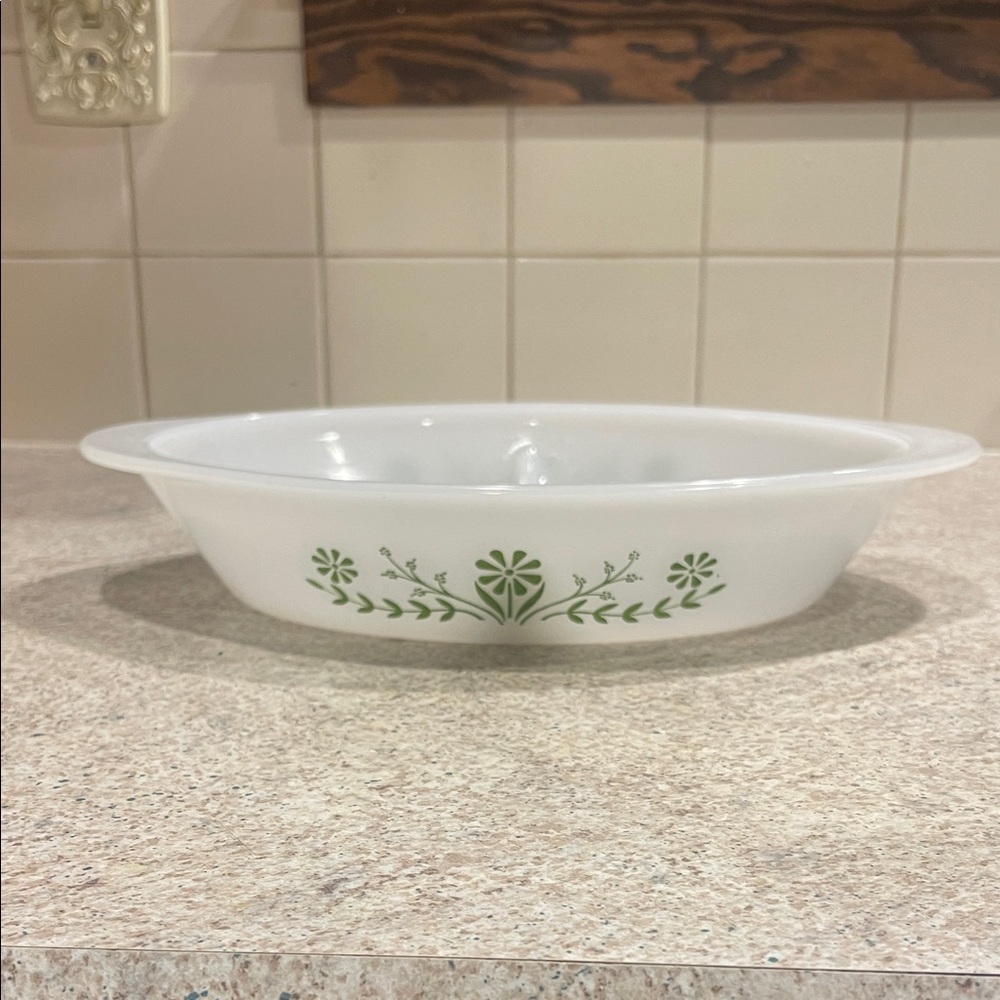 Vintage Glasbake White Serving Bowl with Green Floral Design